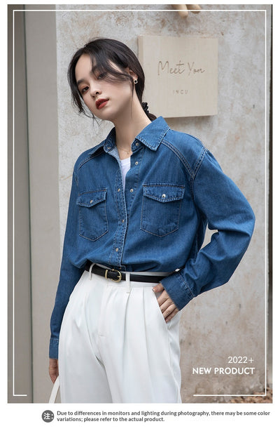 Camisa Denim Retro Azul - Prenda Versátil de Manga Larga - Image 18