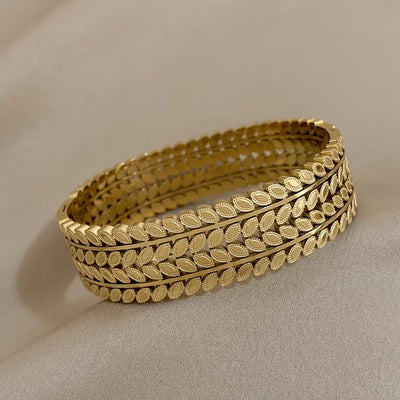 Pulsera Bohemia de Acero Inoxidable con Diseño de Hoja - Apertura Ancha Única - Image 4