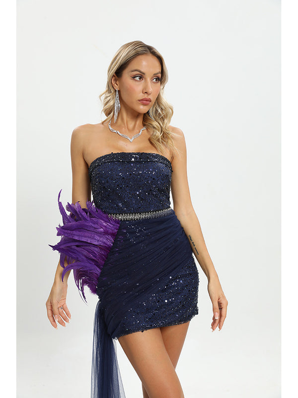 Vestido Tubo Púrpura con Lentejuelas y Costura Irregular Ajustado - Image 7