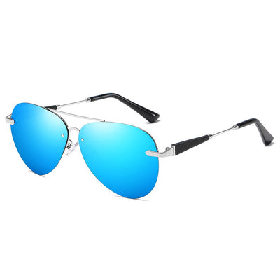 Classic rimless aviator sunglasses with black metal frames and dark black-gray polarized lenses on a white background. - Image 14