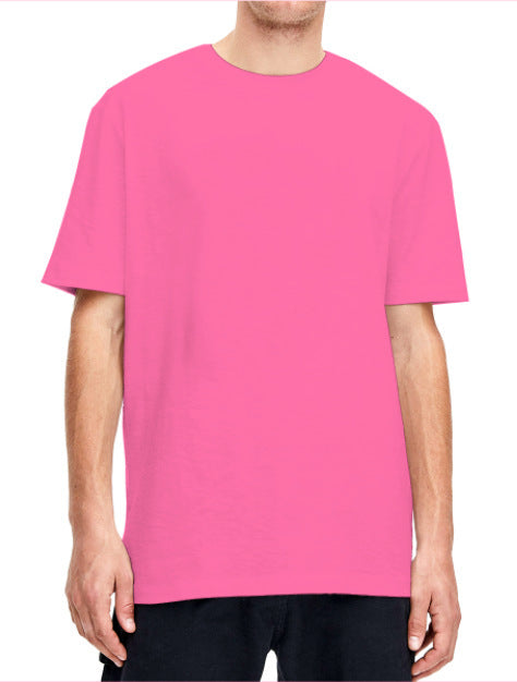 Plain light beige short-sleeved crew neck t-shirt made of cotton, shown on a model. - Image 38
