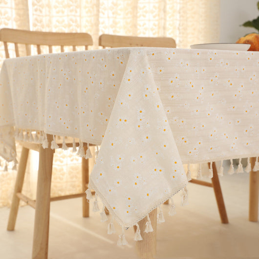 Mantel de Lino Algodón con Bordado de Margaritas y Macramé - Image 5
