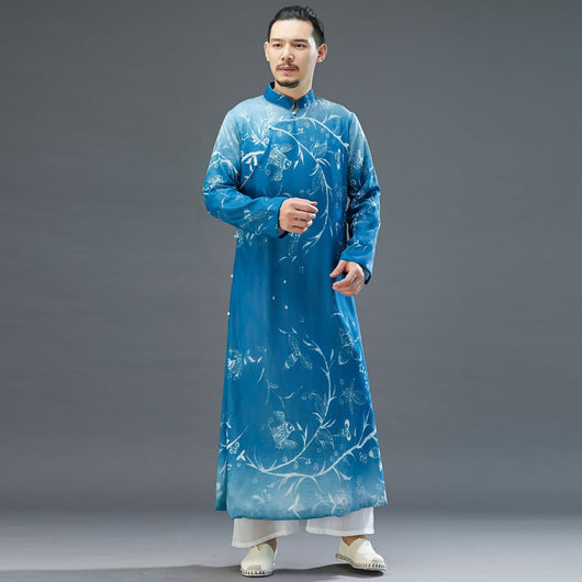 Bata Hanfu Azul Mejorada para Hombre con Cuello Mao y Mangas Largas - Image 4