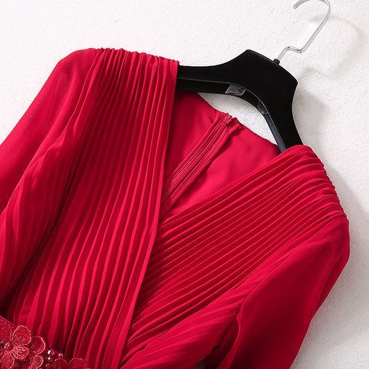 Vestido Elegante Cuello V con Falda Plisada Larga para Mujer - Image 4