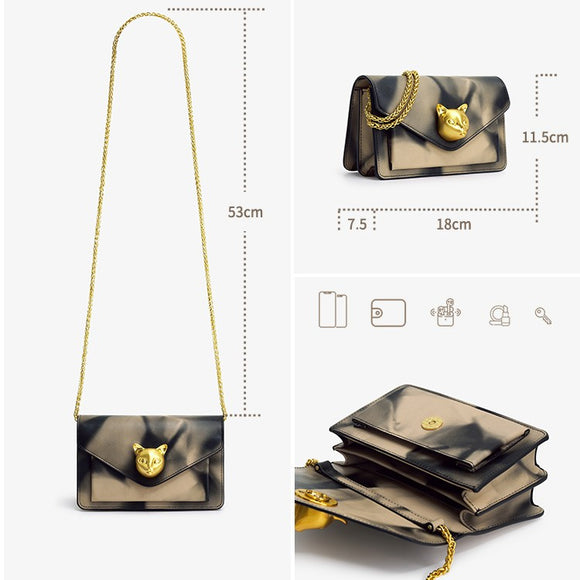 Bolso de Cadena Lujo Minimalista con Detalle de Cabeza de Gato