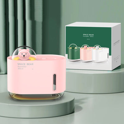White square humidifier with a clear base, featuring a cute white bear figure in a clear dome, labeled "SPACE BEAR Humidifier 300 ml". - Image 2