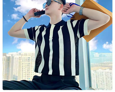 Polo Tejido a Rayas para Hombre con Cuello Vuelto Moderno - Image 16