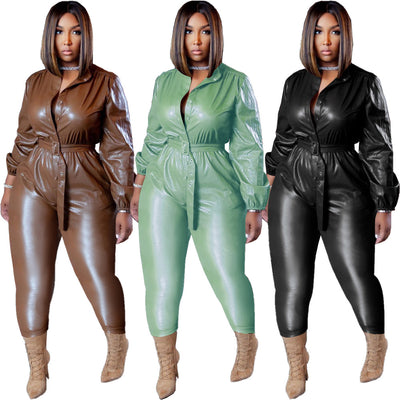 Jumpsuit de Cuero para Mujer con Cinturón de Botones - Image 4