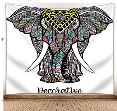 Colorful bohemian elephant tapestry with intricate patterns in pink, blue, green, yellow, and black on a white background. - Image 2