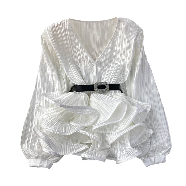 Blusa Suelta con Cuello V, Mangas Largas y Volantes en Bajo