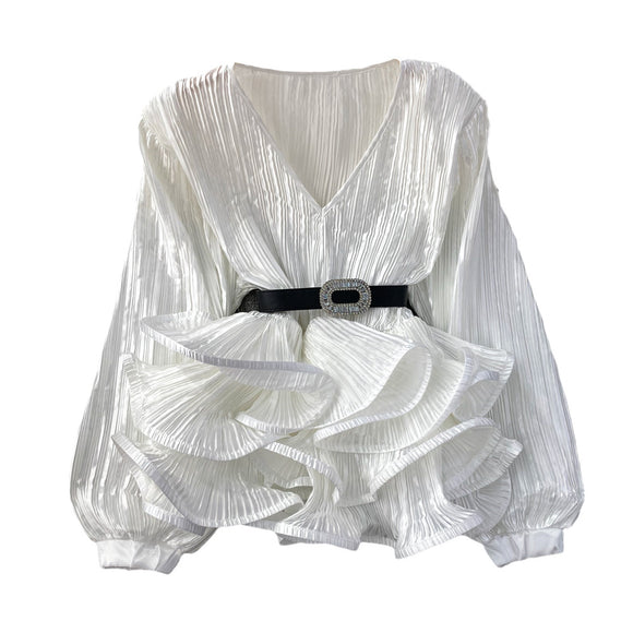 Loose Blouse with V-Neck, Long Sleeves, and Ruffled Hem
