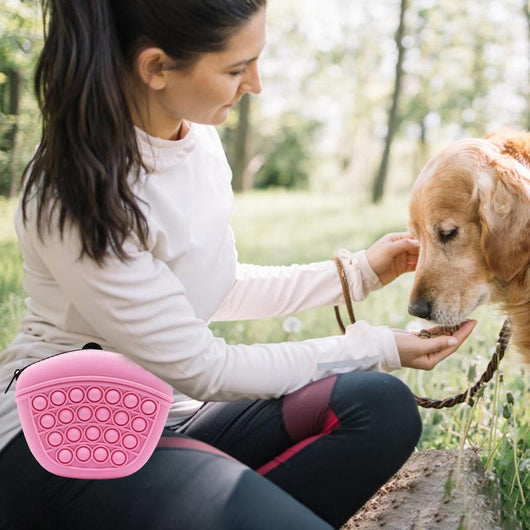 Light blue silicone pet treat pouch with a pop-it fidget design and black zipper closure. - Image 5