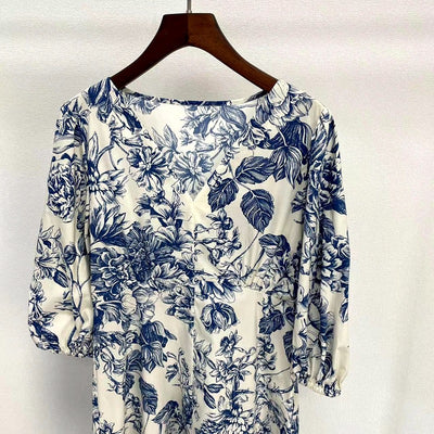 Vestido Azul y Blanco con Estampado Porcelana Chino - Cuello V Manga Media - Image 12
