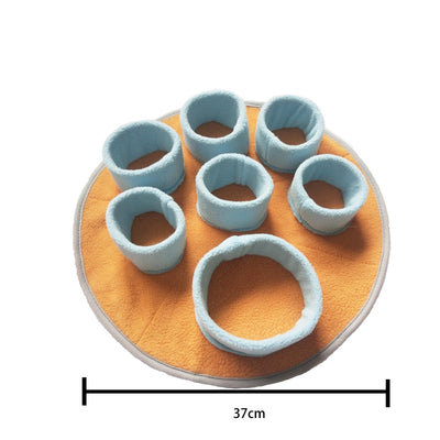 Colorful plush bowling set for pets with six pins and one ball on an orange mat, designed as an olfactory puzzle toy. - Image 7