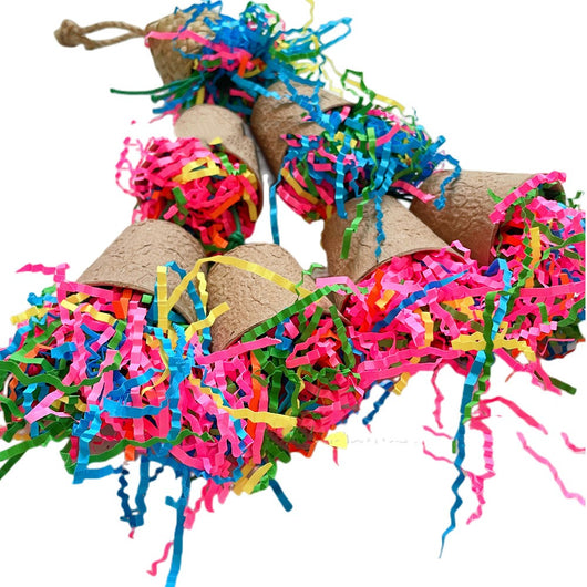 Parrot gnawing toy with brown paper cups, a woven palm top, and colorful shredded paper hanging in a bird cage. - Image 3