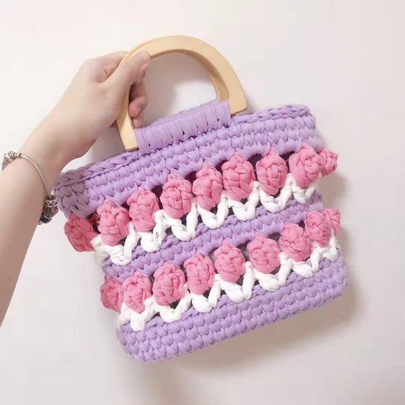 Bolso Tejido a Mano con Flores de Crochet - Diseño Tulipanes