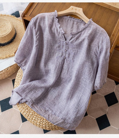 Blusa de Algodón y Lino Bordada con Cuello en V y Manga Corta - Image 14