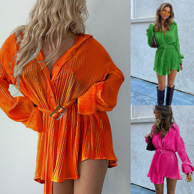 Vestido Camisero Plisado para Mujer - Manga Larga Versátil - Image 7