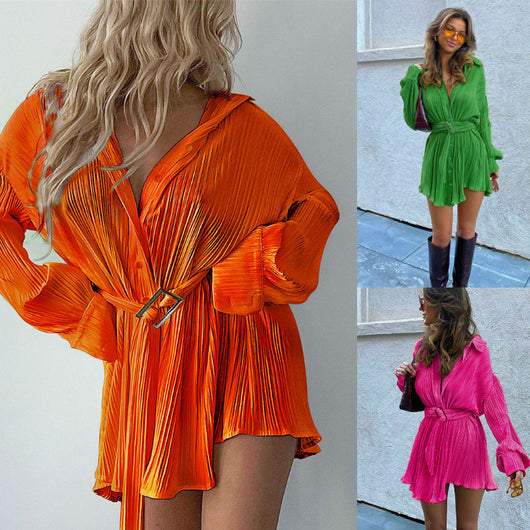 Vestido Camisero Plisado para Mujer - Manga Larga Versátil - Image 7