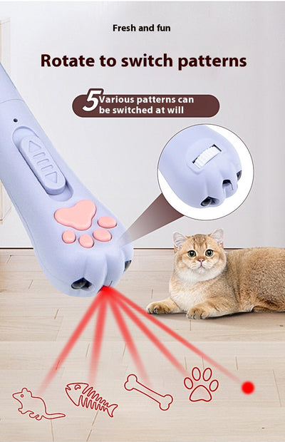 Light purple paw-shaped cat laser pointer toy with USB charging, featuring multiple red laser patterns, soft white light, and UV light. - Image 30