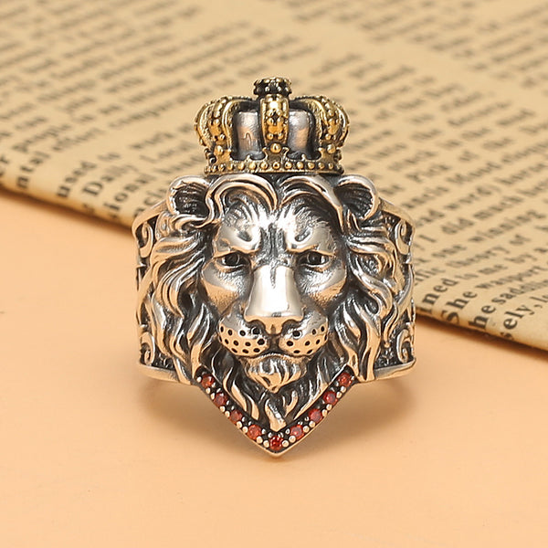 Anillo de Plata de Ley con Cabeza de León Rey Vintage - Joya Masculina de Coronación