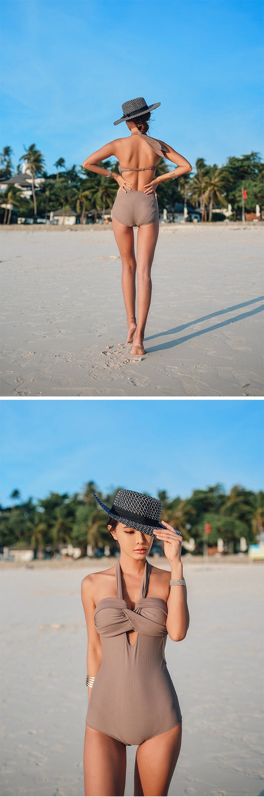 Woman wearing a taupe ribbed one-piece swimsuit with a halter neckline and twisted bust detail on a sandy beach. - Image 18