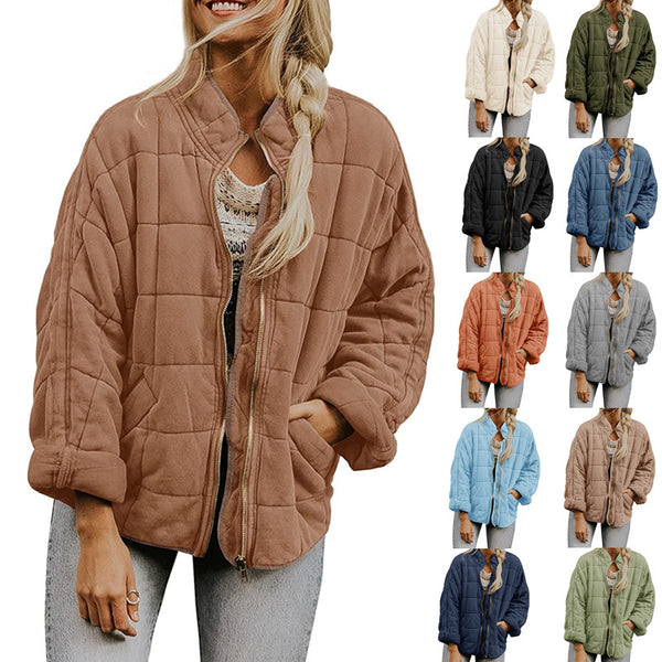 Abrigo de Invierno con Cierre de Cremallera y Cuello Alto - Chaqueta Larga Estampado Cuadros para Mujer