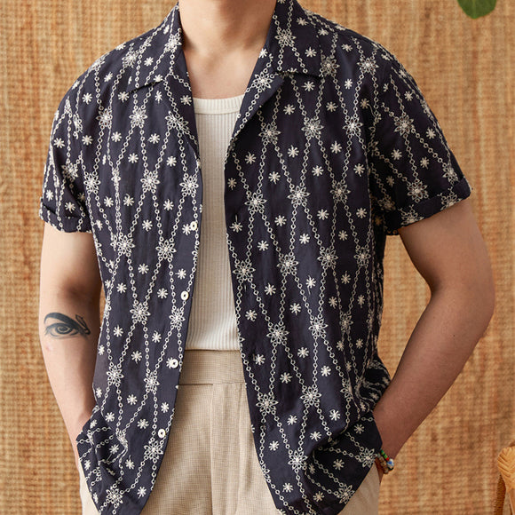 Camisa Suelta de Algodón Puro con Cuello Cubano y Bordado Festivo