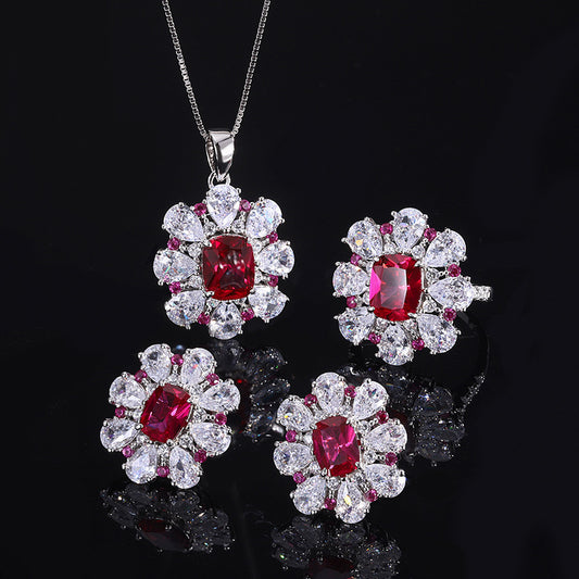 Conjunto de Joyas Plata 925 Flor Tesoro Rojo Paloma - Anillo, Aretes y Pendiente