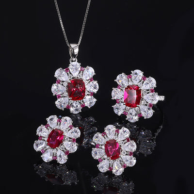 Conjunto de Joyas Plata 925 Flor Tesoro Rojo Paloma - Anillo, Aretes y Pendiente