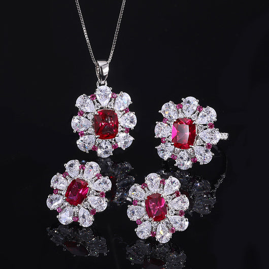 Conjunto de Joyas Plata 925 Flor Tesoro Rojo Paloma - Anillo, Aretes y Pendiente