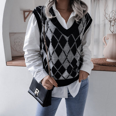 Suéter Escote en V con Diamantes - Estilo Universitario Europeo para Otoño e Invierno - Image 9