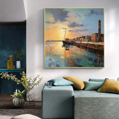 Cuadro Óleo Abstracto Paisaje Muelle con Bote - Arte Mural Personalizado Grandes Dimensiones - Image 9