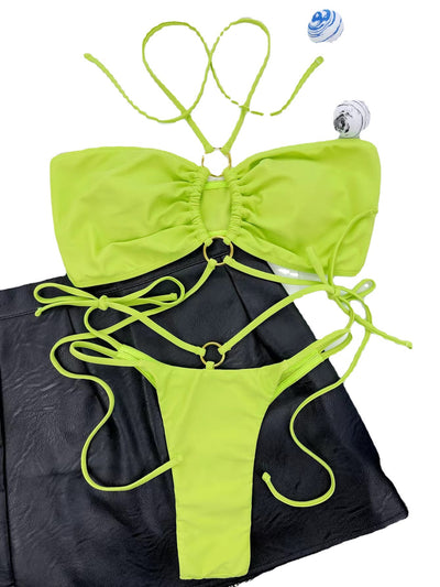 Women's neon green split bikini with lace-up triangle top and bottom, featuring gold O-rings and ruched details. - Image 4