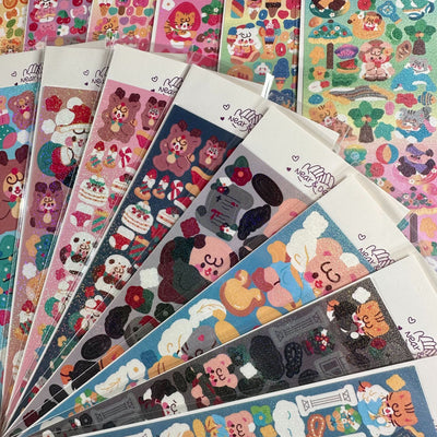 Korean style cartoon animal angel stickers with clouds and architectural elements on a blue sheet. - Image 2