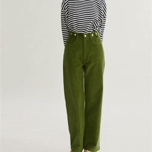 Pantalón Recto Verde Pana Cintura Alta Ajustado Multiuso - Image 7