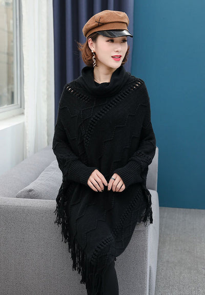 Poncho Tejido Cuello Alto con Flecos - Abrigo Cálido para Otoño e Invierno - Image 5