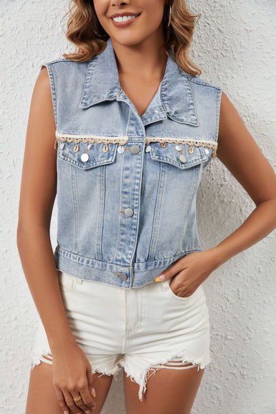 Chaleco Denim Casual con Borlas y Botón Simple - Image 8