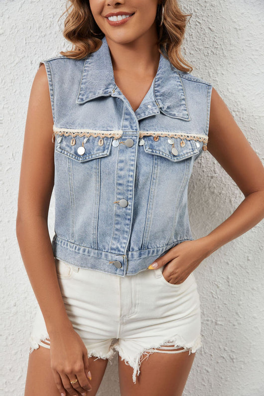 Chaleco Denim Casual con Borlas y Botón Simple - Image 8