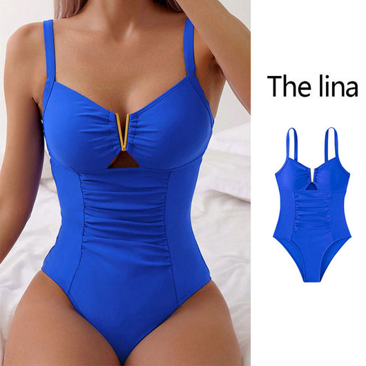 Royal blue one-piece swimsuit with V-neck, hollow-out detail, and pleated belly-slimming ruching.