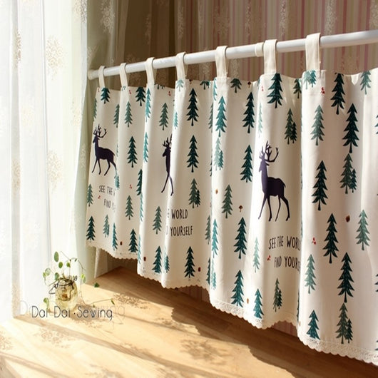 Christmas elk and pine tree short kitchen curtain with tab top and scalloped lace trim, featuring text. - Image 10