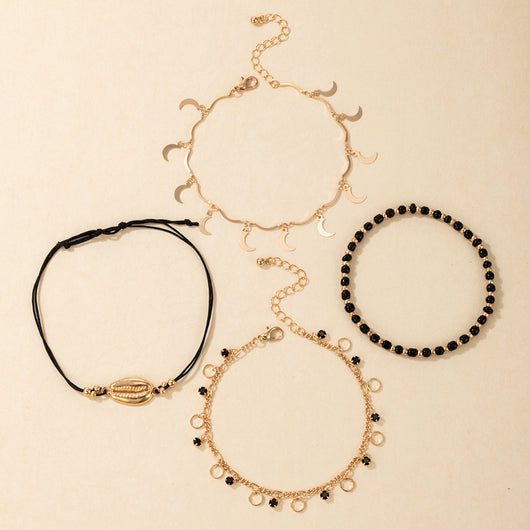 Pulsera Tobillera Multicapa con Perlas de Arroz y Concha - Juego de 4 Piezas Negro - Image 11