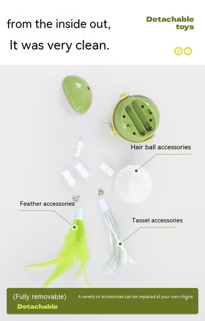 Automatic lifting cat toy with a yellow ball and white clamp, featuring interchangeable feather and pom-pom attachments. - Image 12