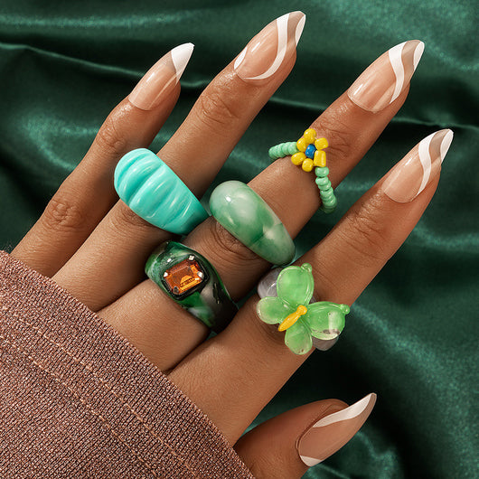 Juego de 5 Anillos Ajustables con Perlas de Arroz, Diamantes y Mariposa de Resina - Image 10