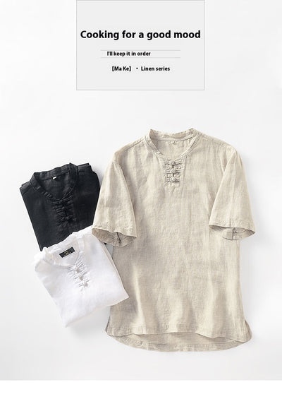 Blusa Lino Cuello Mao Manga Corta Estilo Asiático - Image 16