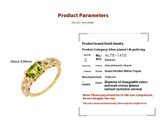 Anillo Rectangular de Plata 925 con Baño de Oro K e Incrustación de Olivino Verde - Image 7
