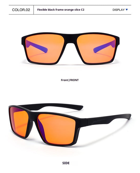Black frame blue light blocking glasses with orange lenses and 're sleep' logo on the temple. - Image 4