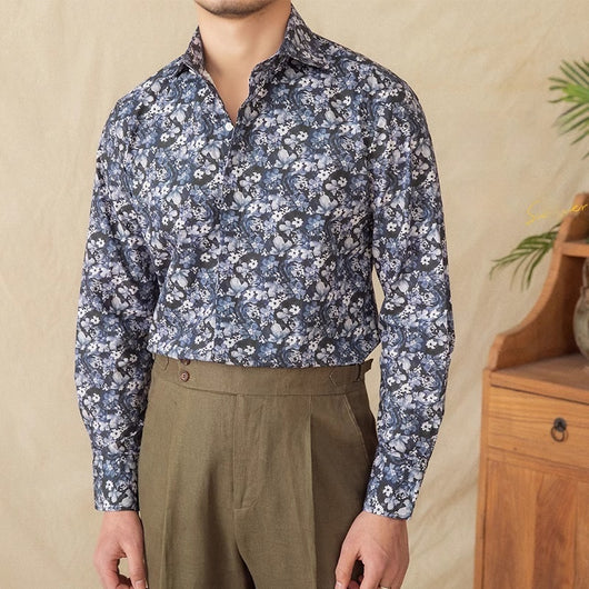 Camisa Estampada de Algodón Manga Larga Estilo Retro Primavera Verano
