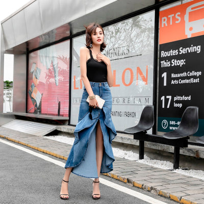 Falda Sirena Denim Cintura Alta Media Pierna