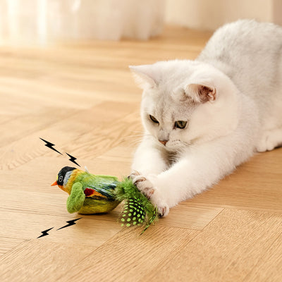 Colorful bird cat toy with green fluffy wings, black head, yellow face, orange beak, and spotted tail feathers. - Image 10